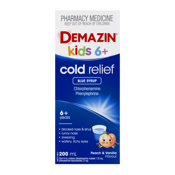Demazin Kids 6+ Cold Relief Blue Syrup Peach & Vanilla Flavour 2789