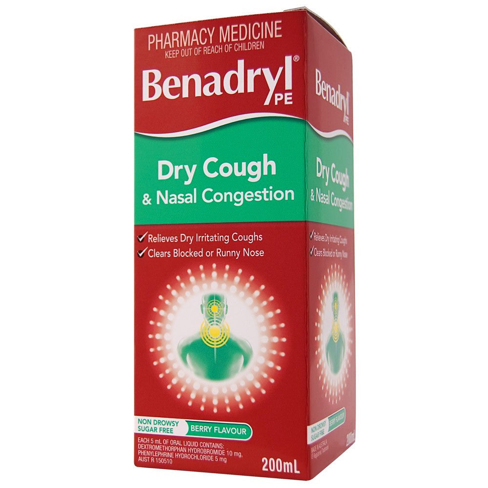 Benadryl PE Dry Cough & Nasal Congestion Non Drowsy Berry Flavour 200mL