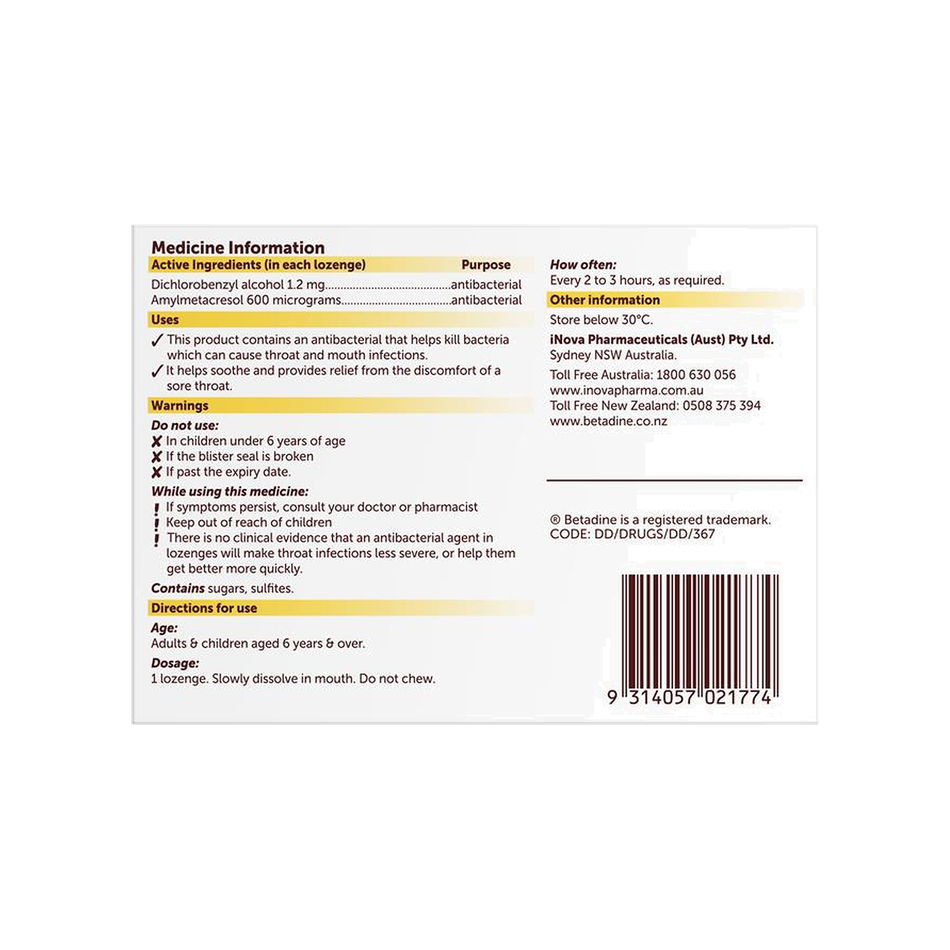 Betadine Sore Throat Lozenges Honey & Lemon
