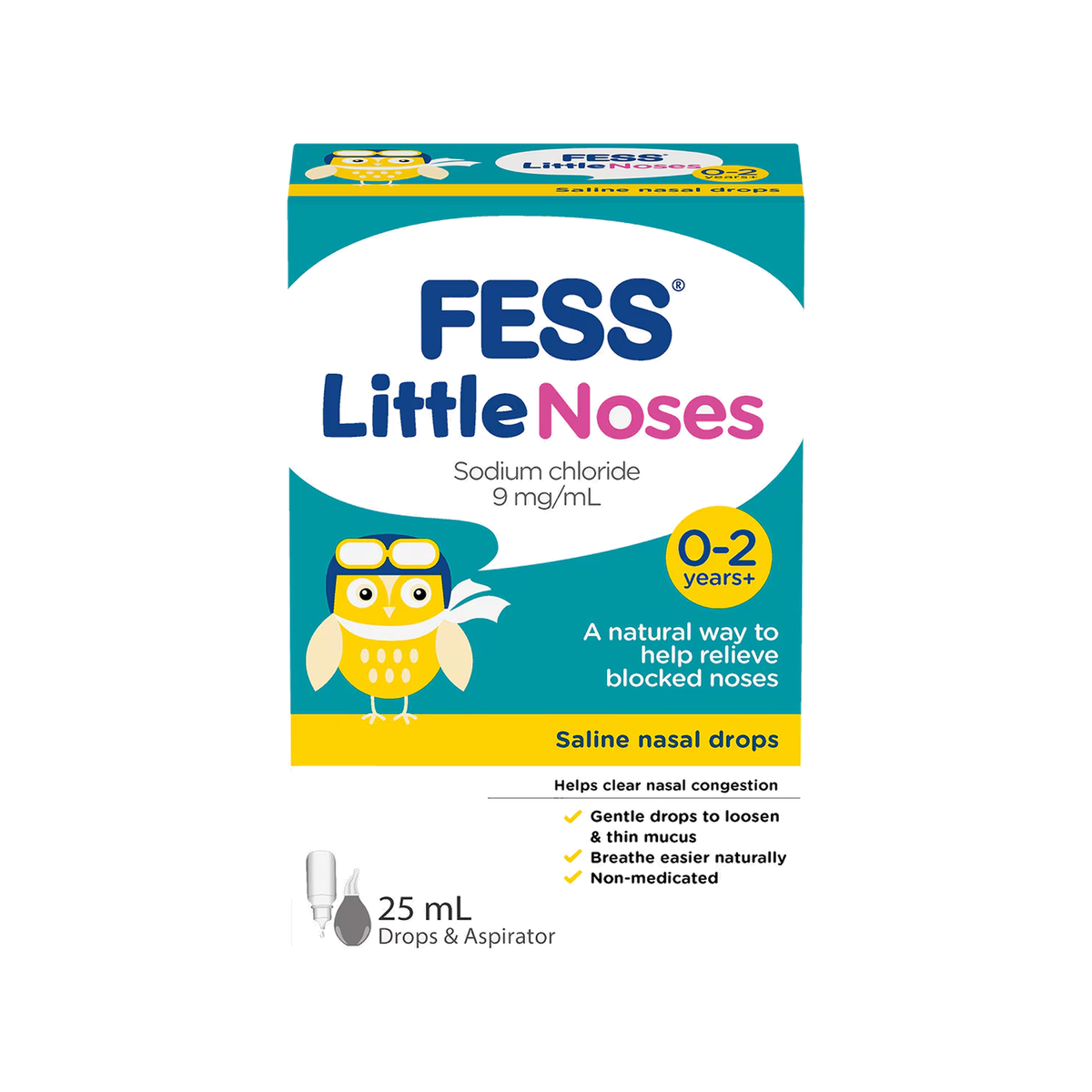 FESS Little Noses 0-2 Years+ Saline Nasal Drops + Aspirator 25mL 0651